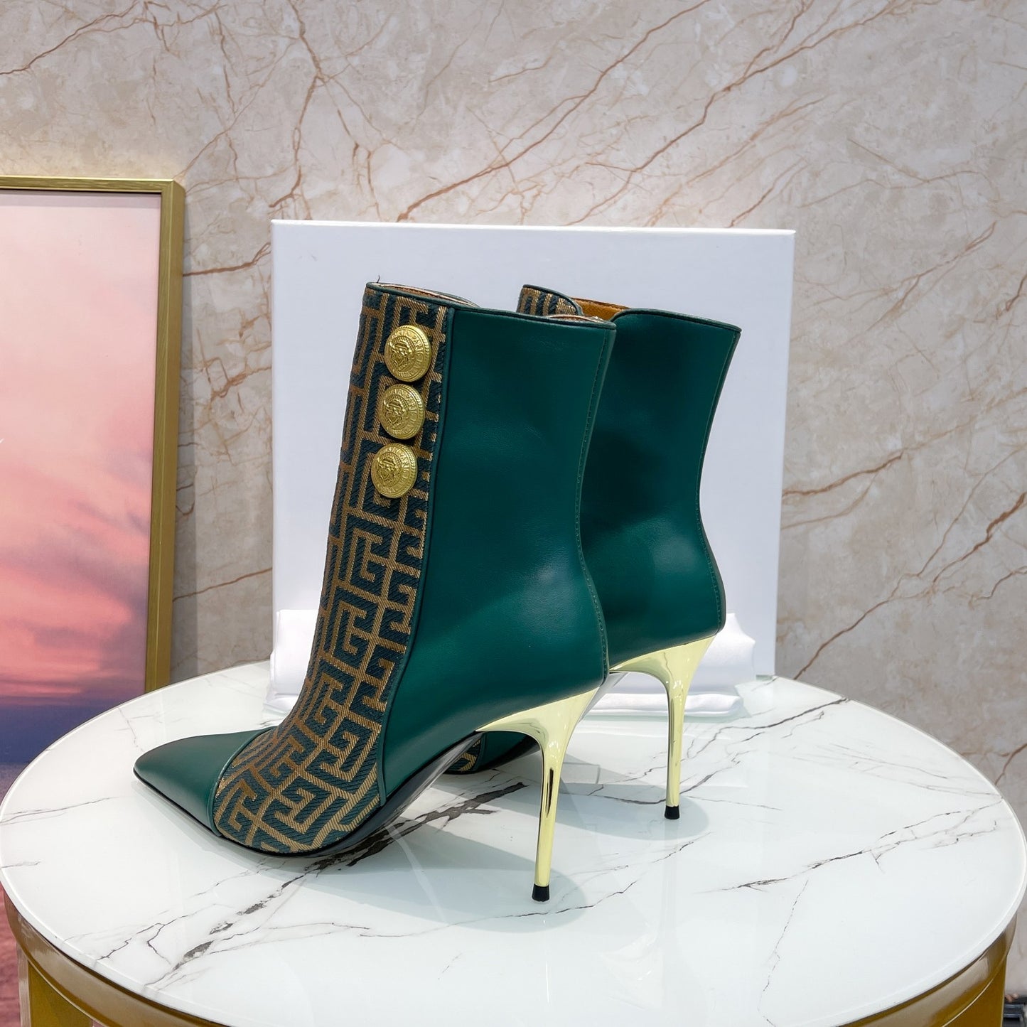 Balmain Green Leather And Monogram - Print Ankle Boots With Gold Buttons
