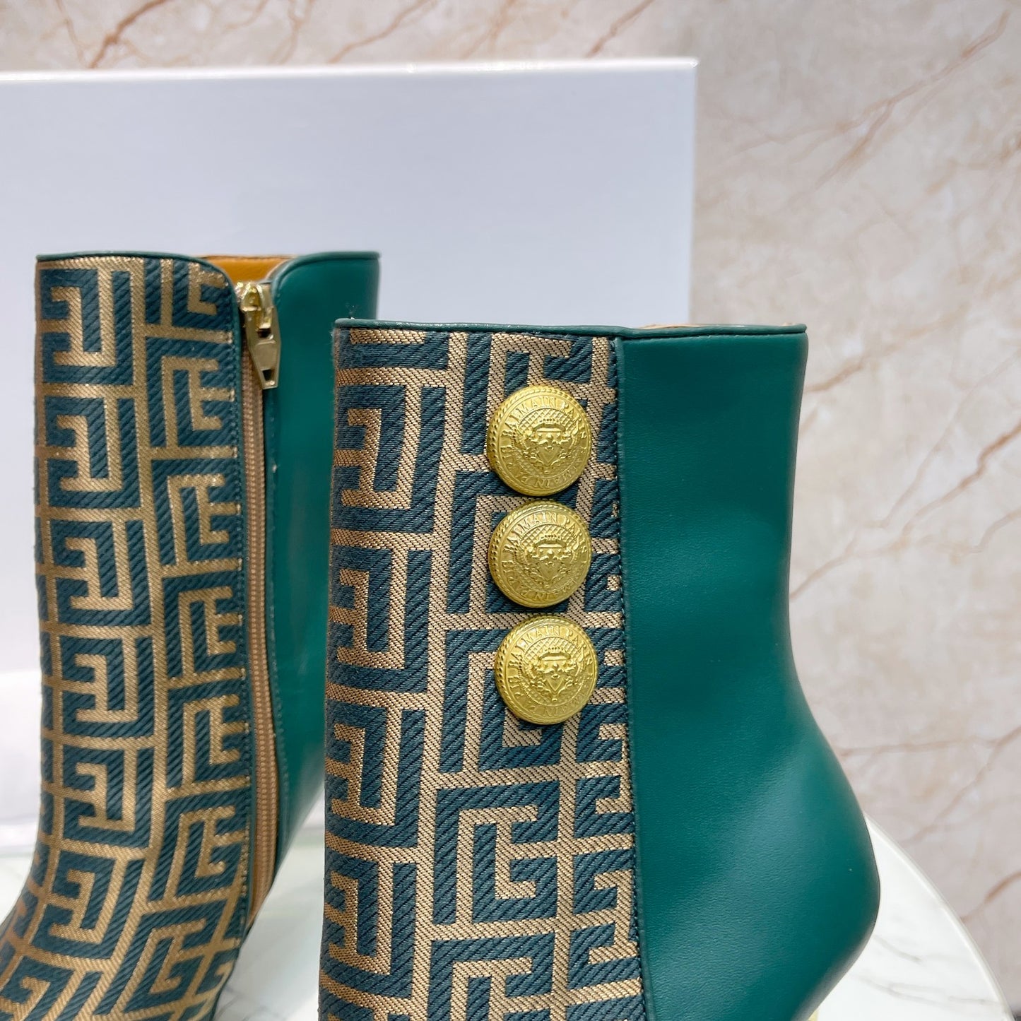 Balmain Green Leather And Monogram - Print Ankle Boots With Gold Buttons