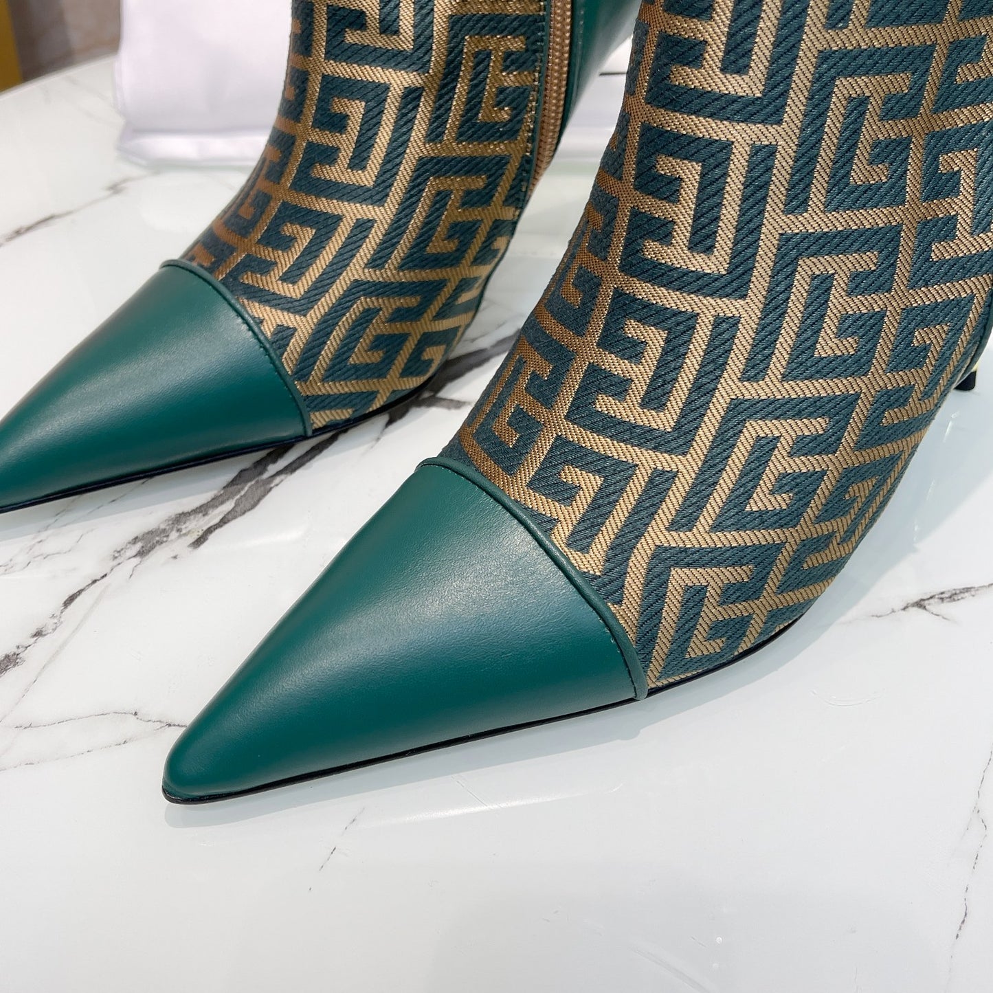 Balmain Green Leather And Monogram - Print Ankle Boots With Gold Buttons