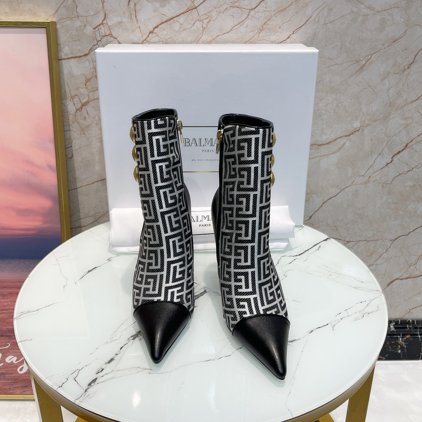 Balmain Black Leather And Monogram - Print Ankle Boots With Gold Buttons