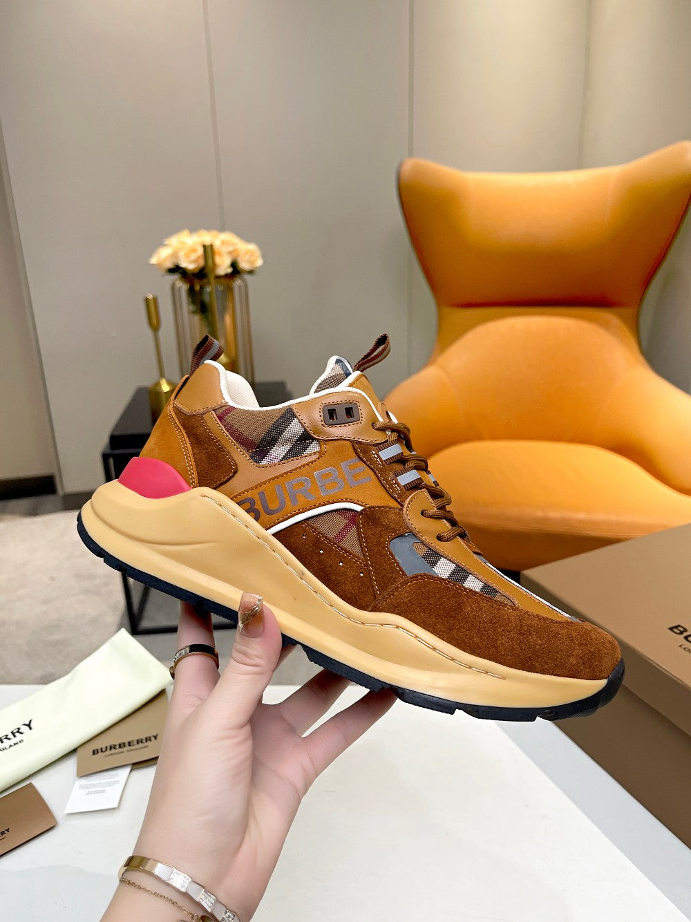 Burberry Brown Sneakers With Plaid Detailing For Timeless Style