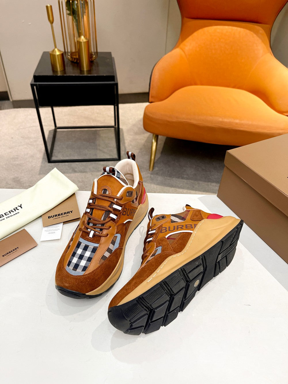 Burberry Brown Sneakers With Plaid Detailing For Timeless Style