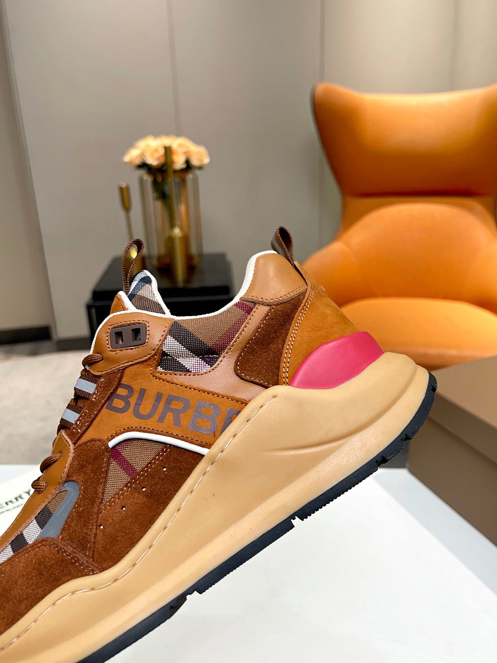 Burberry Brown Sneakers With Plaid Detailing For Timeless Style