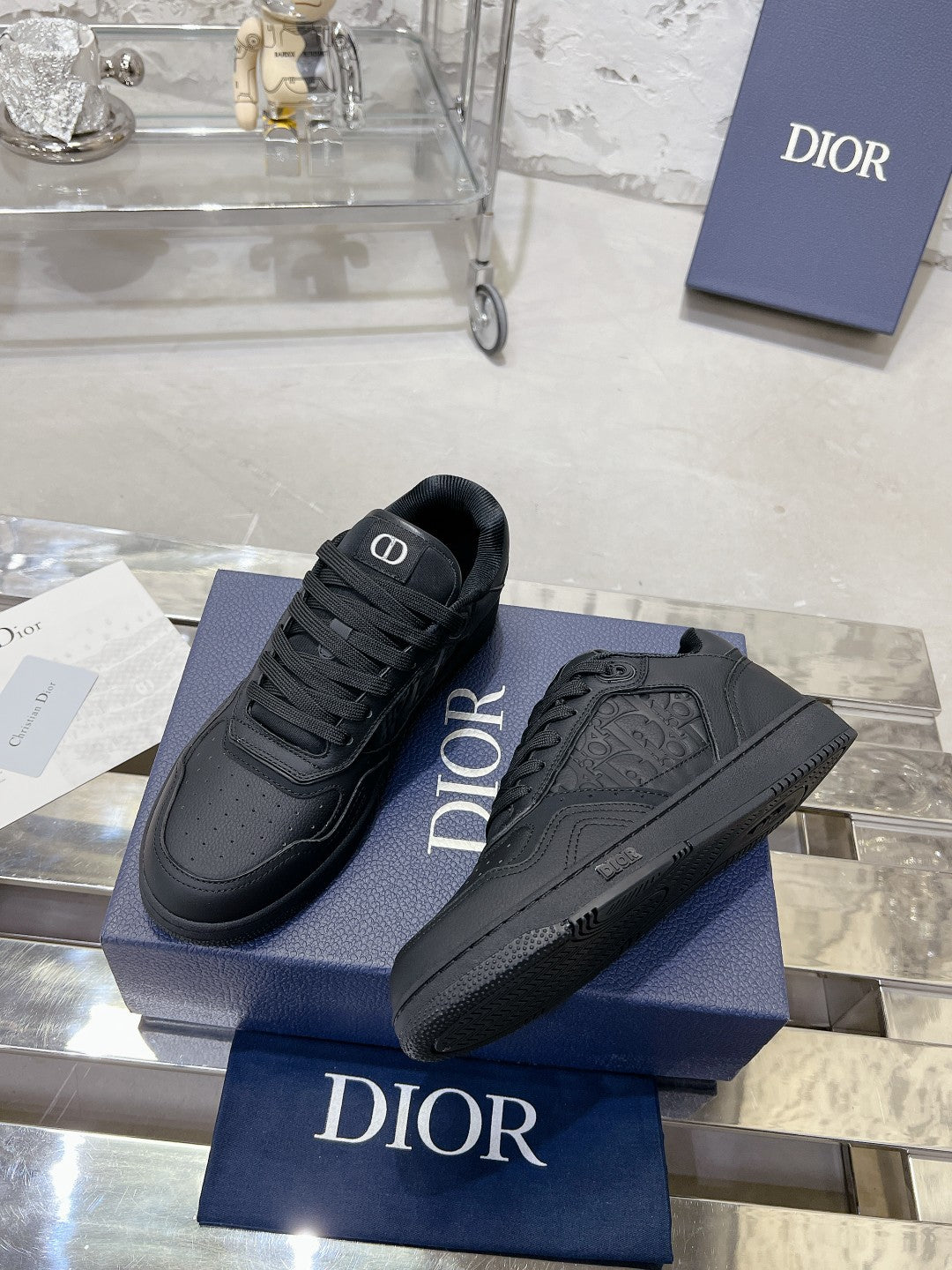 Dior Black Leather Sneakers With Signature Monogram Detailing