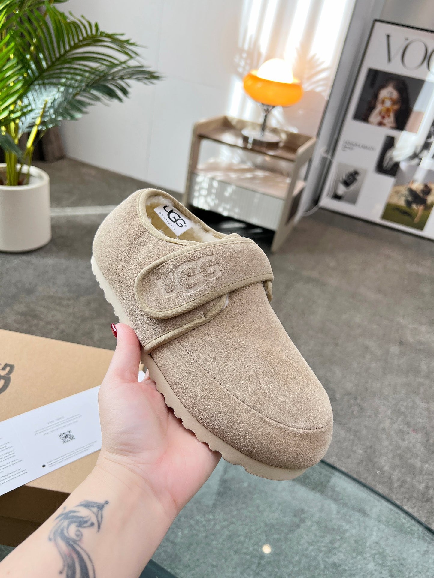 UGG Beige Suede Slippers With Adjustable Strap For Cozy Wear