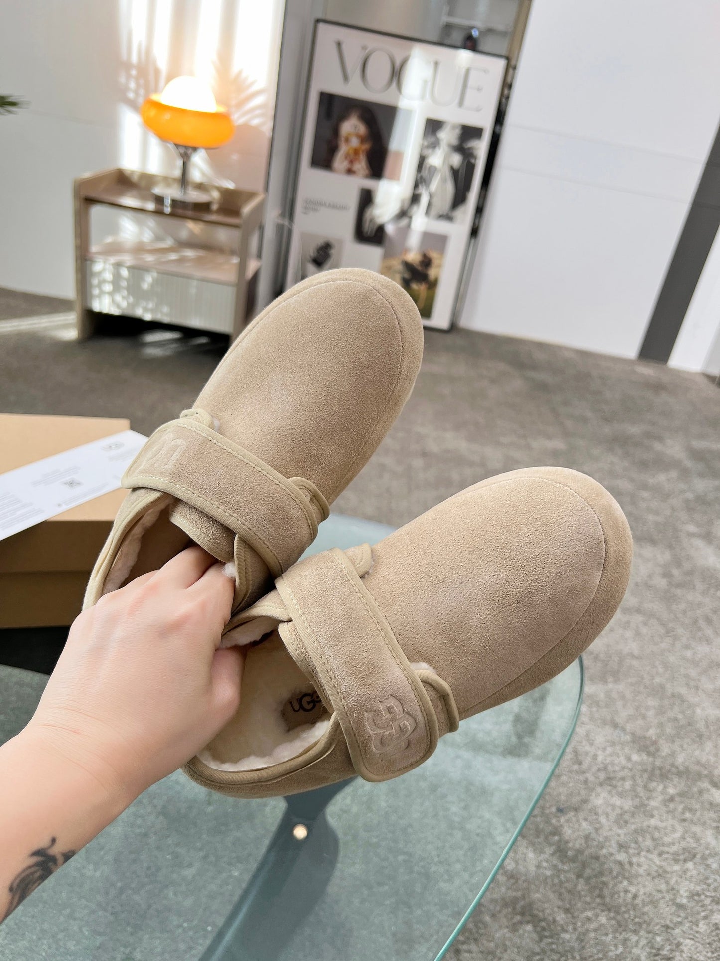 UGG Beige Suede Slippers With Adjustable Strap For Cozy Wear