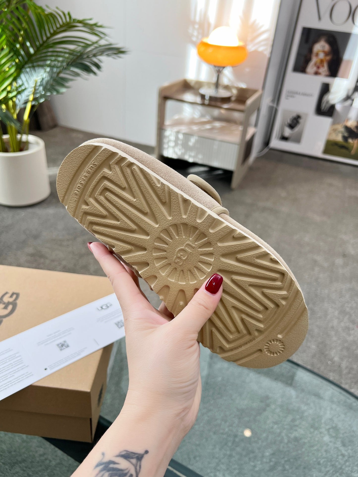 UGG Beige Suede Slippers With Adjustable Strap For Cozy Wear