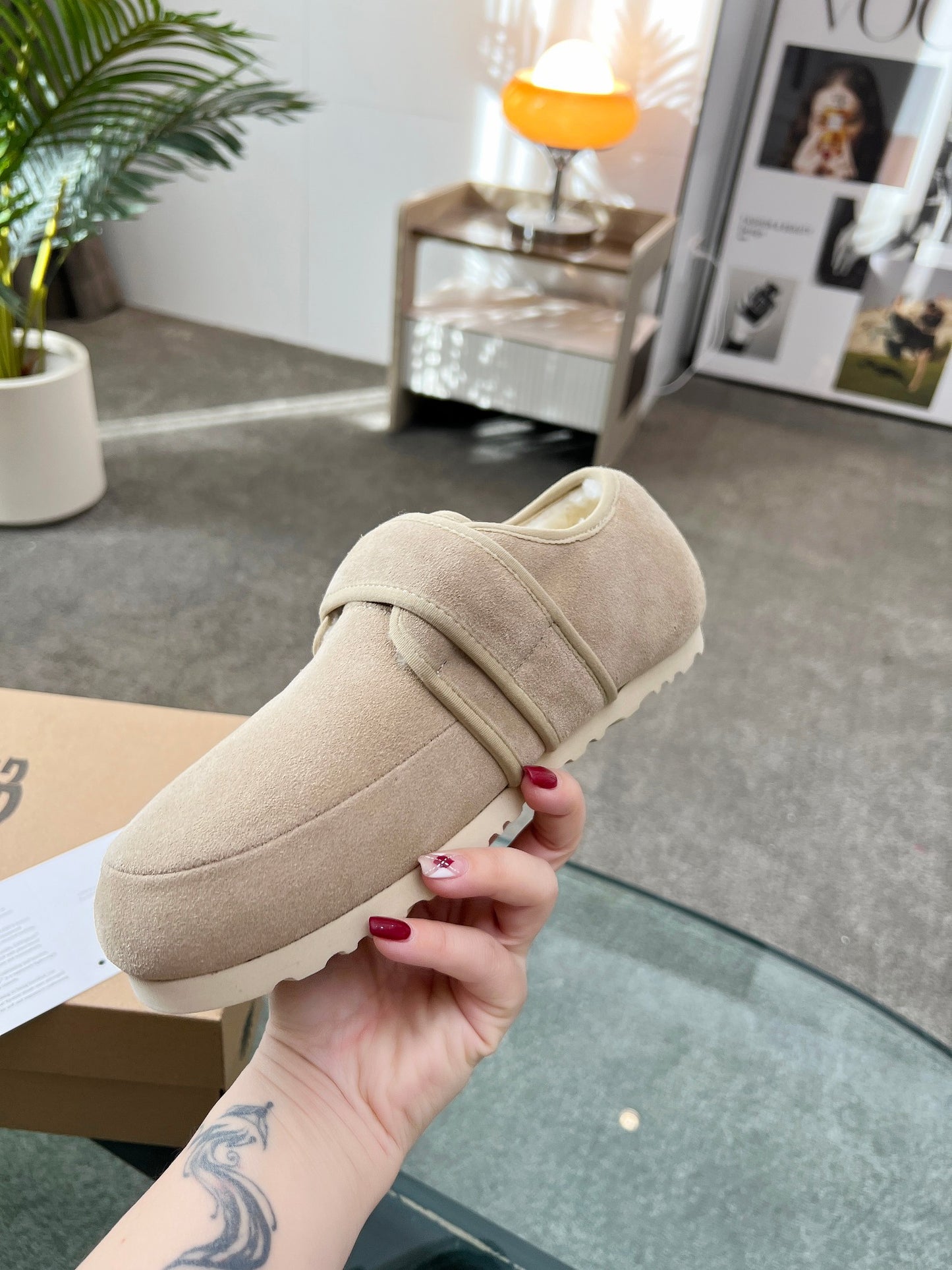 UGG Beige Suede Slippers With Adjustable Strap For Cozy Wear