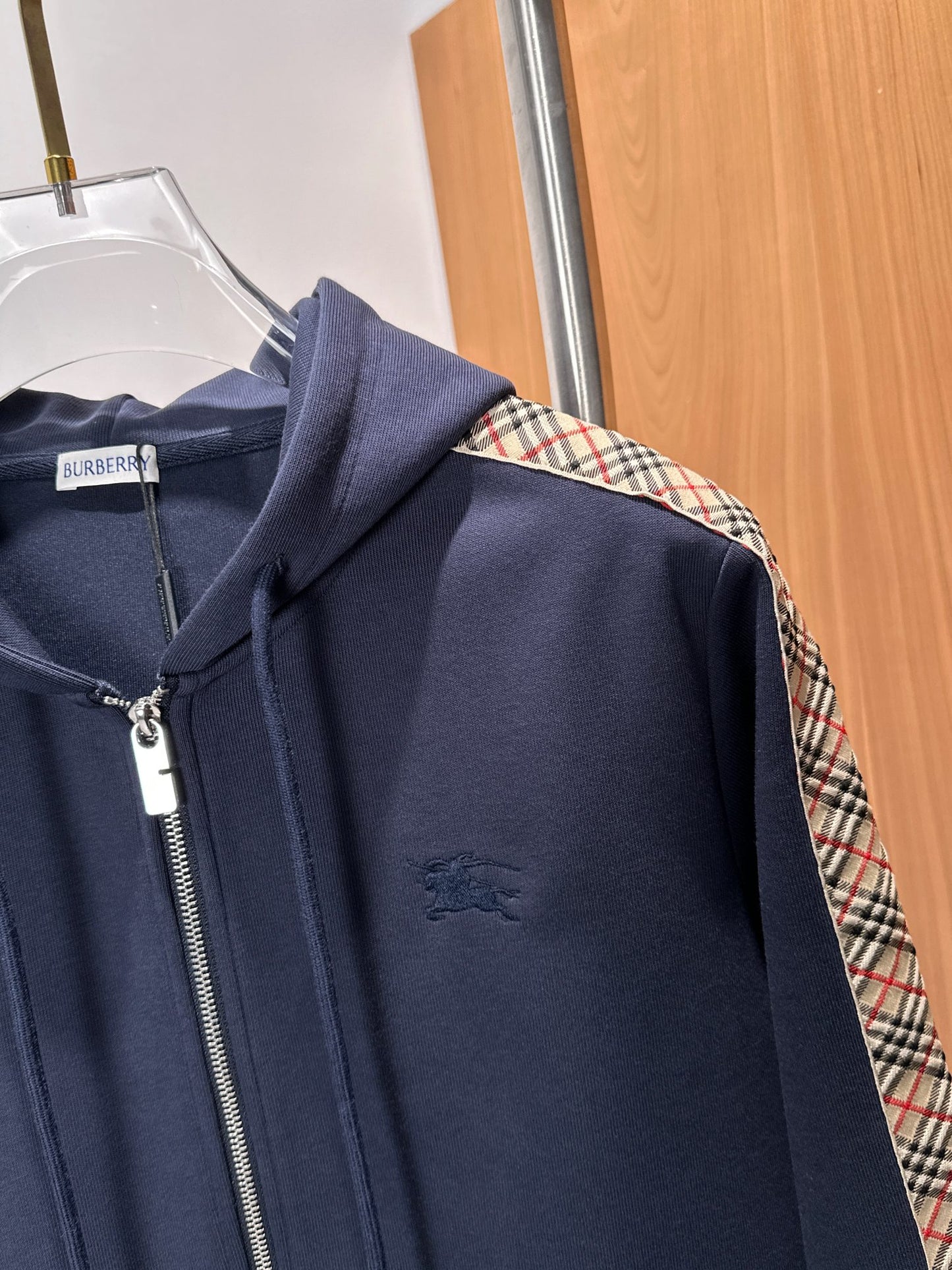 Burberry Men's Navy Blue Hooded Tracksuit With Plaid Details