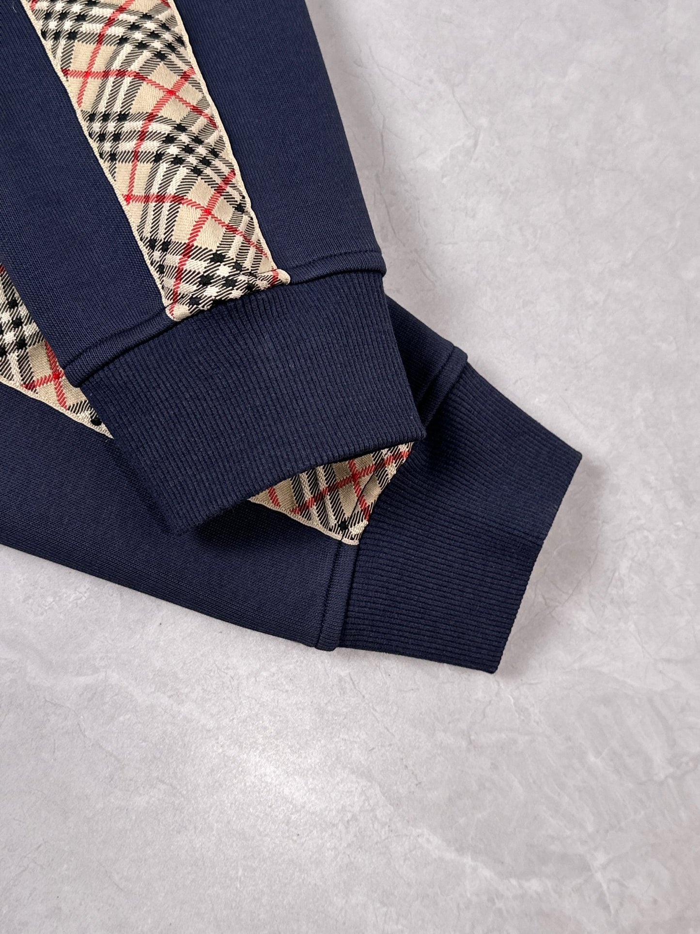 Burberry Men's Navy Blue Hooded Tracksuit With Plaid Details