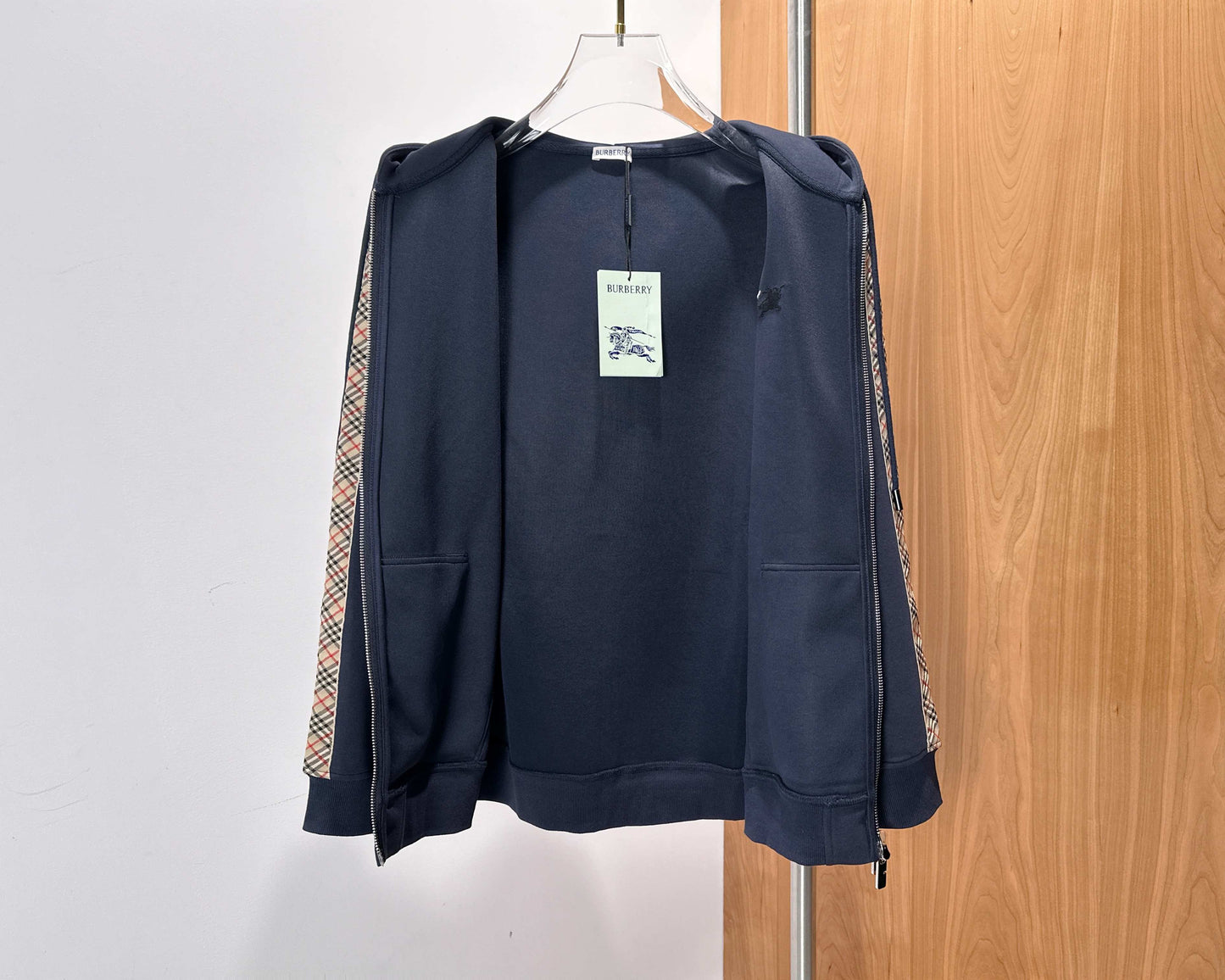 Burberry Men's Navy Blue Hooded Tracksuit With Plaid Details