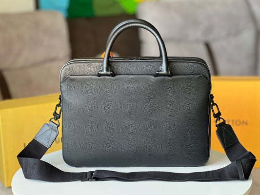 Stylish Louis Vuitton Black Leather Briefcase With Orange Accent For Professional Elegance M23778