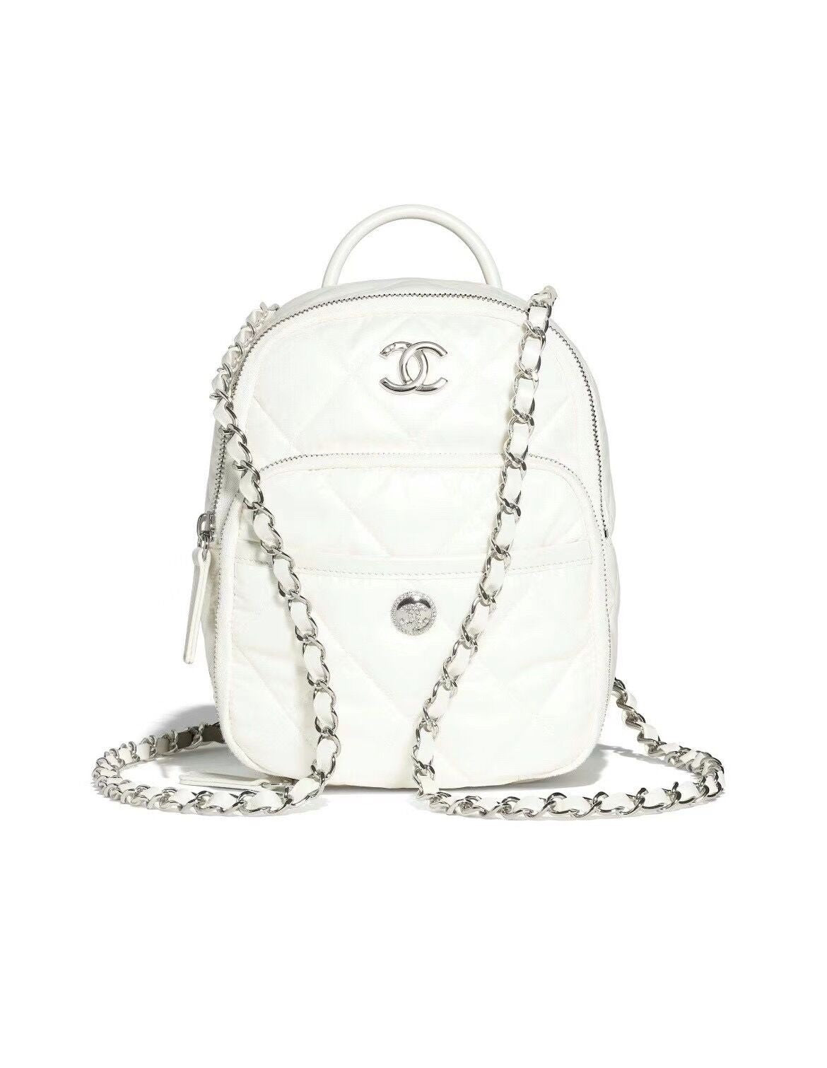 Chanel Mini Backpack White Quilted Nylon with Silver - Tone Hardware and Chain Straps AS4366