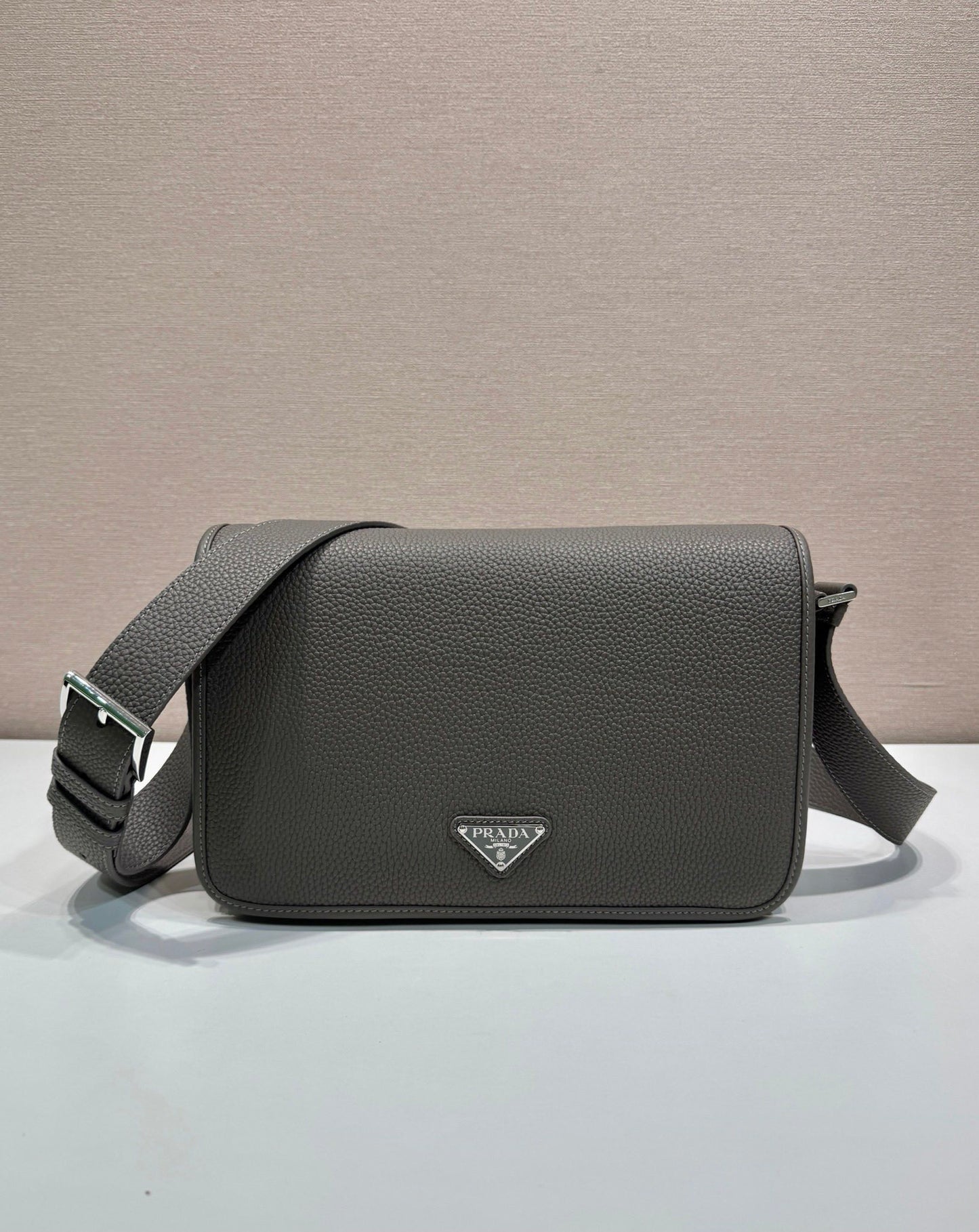 Prada Brown/Black/Gray Grained Leather Crossbody Bag With Signature Logo Plate 2VD075