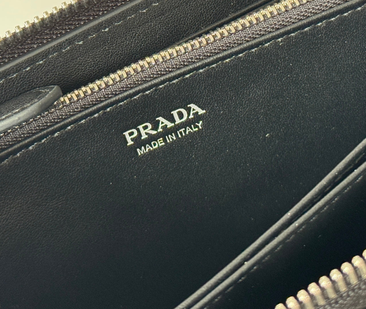 Prada Black Grained Leather Zip - Around Wallet With Gold Logo 1ML506