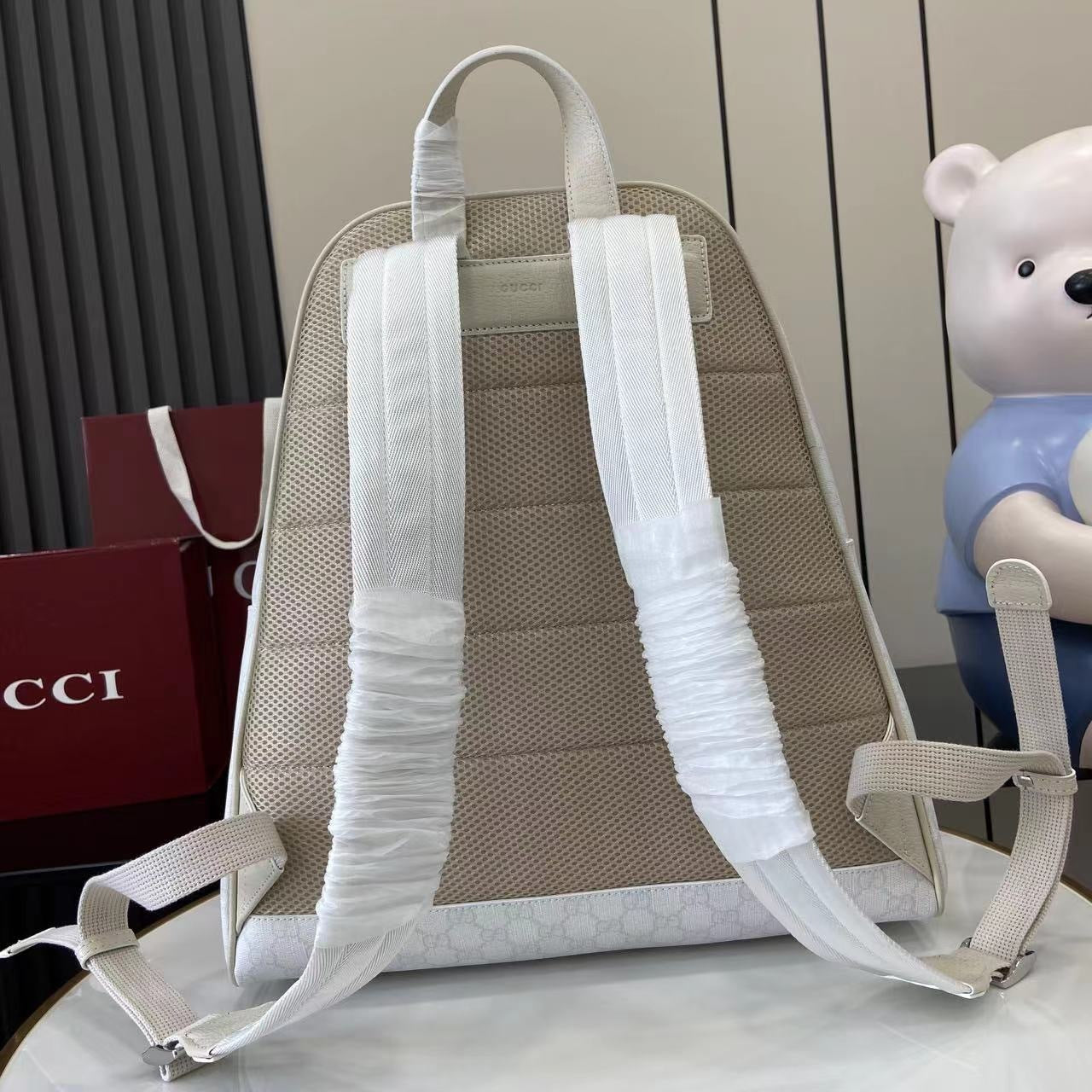 Gucci White GG Supreme Canvas Backpack With Web Stripe And Silver Tone Double G 834466