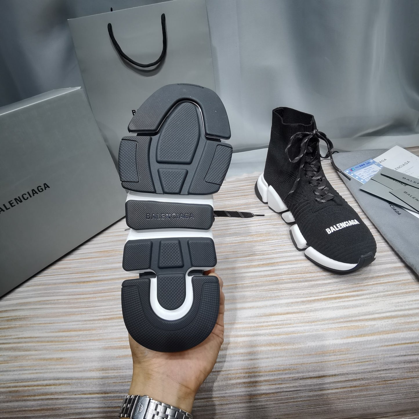 Balenciaga Unisex Black Sock Sneakers with Graffiti Sole Fashion Essential for Men and Women