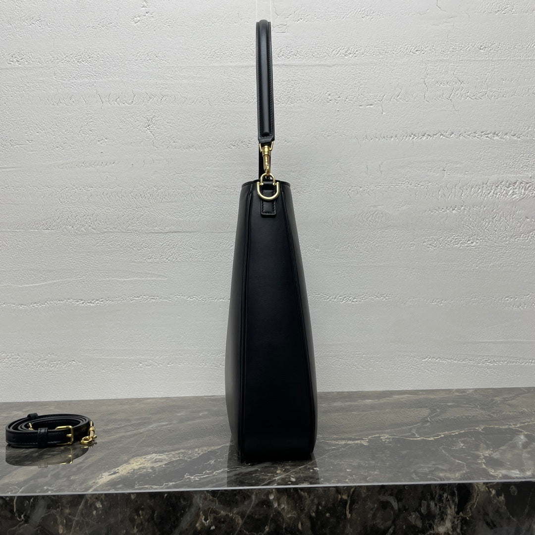 Celine 16 Soft Black Leather Hobo Bag With Gold - Tone Lock Accent 119563