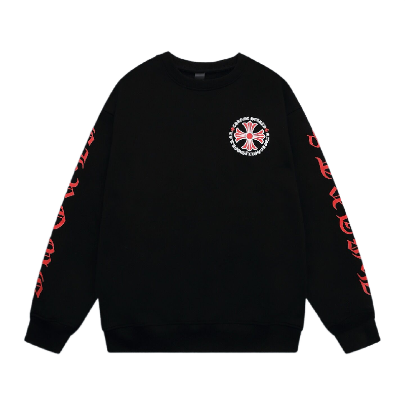 Chrome Hearts Black Crew Neck Sweatshirt With Red Cross And Gothic Sleeve Prints