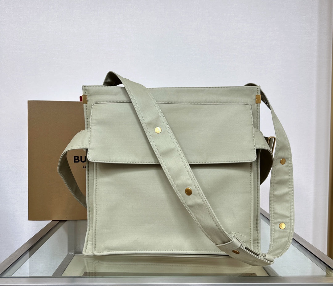 Burberry Gray Canvas Crossbody Bag With Gold Accents For Timeless Fashion And Practical Use Style No.1440