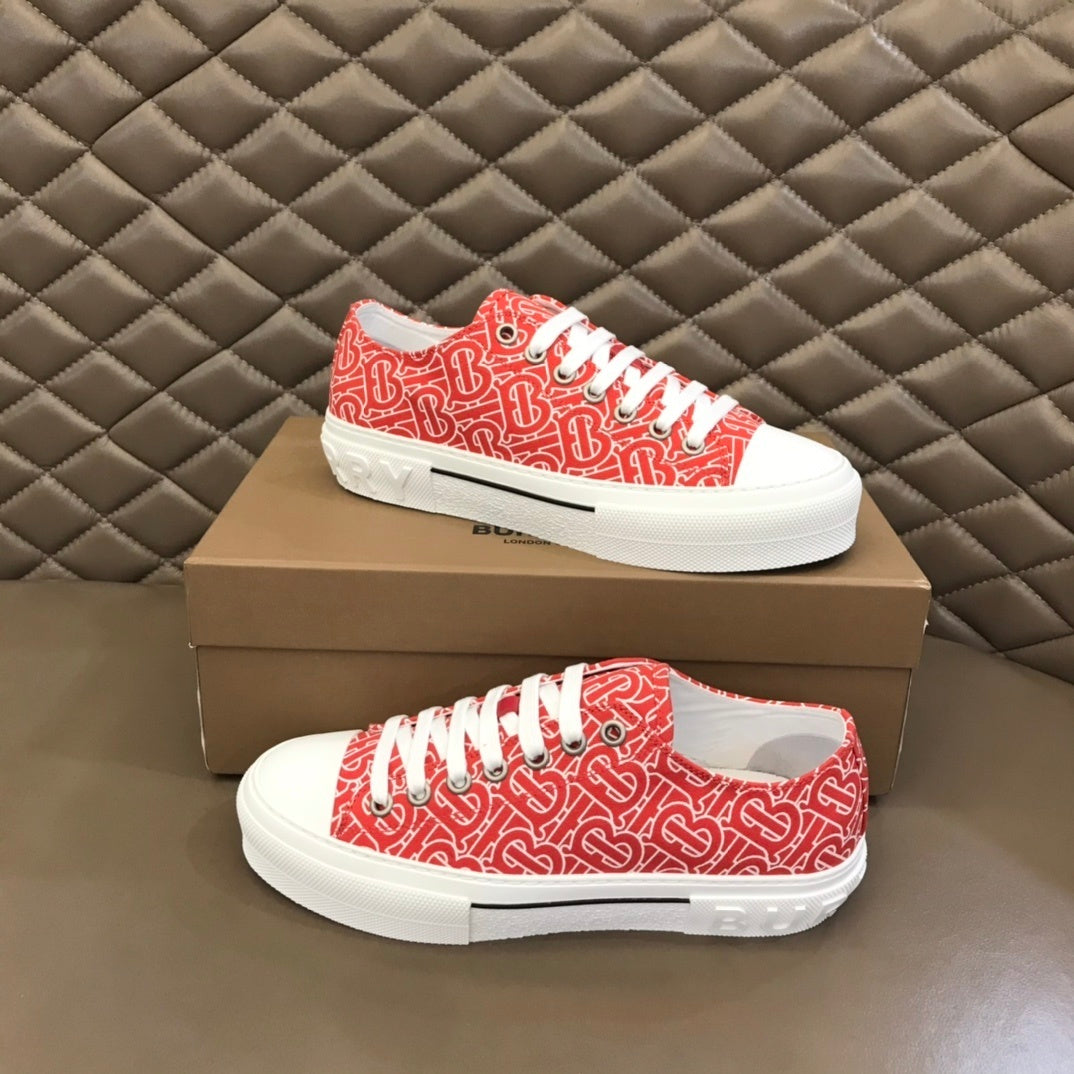 Burberry Unisex Red Monogram Canvas Sneakers Stylish Comfortable Footwear For Men And Women With Signature Logo Pattern