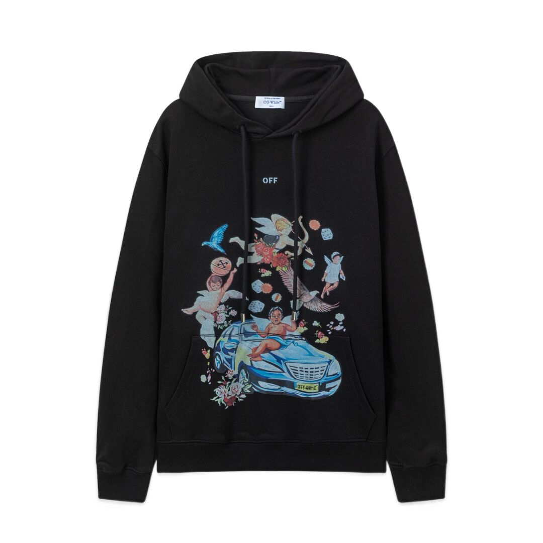 Off White Black Hoodie With Cherubs Car And Floral Art Print Design