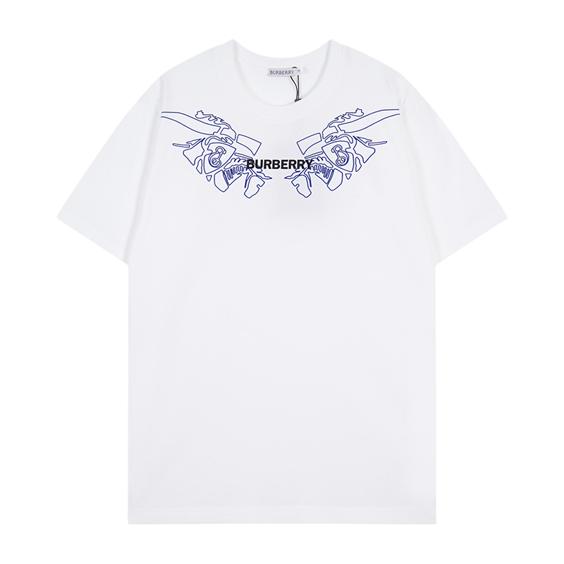 Burberry White/Black/Gray T - Shirt With Blue Equestrian Knight Graphic And Brand Logo