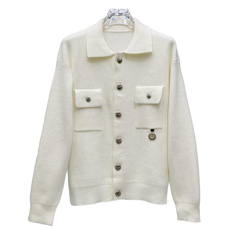 Chrome Hearts Inspired White Knit Cardigan With Collar Metal Buttons And Pockets
