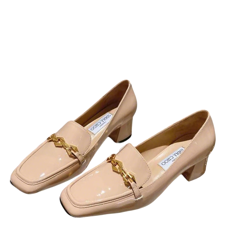Jimmy Choo Women's Beige Patent Leather Chain - Decorated Loafers
