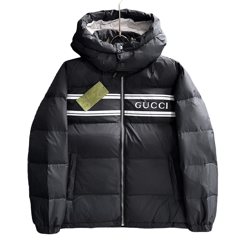 Gucci Black Hooded Down Jacket With Brand Logo Stripe