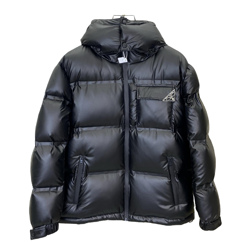 Black Prada Hooded Puffer Jacket With Logo Pocket