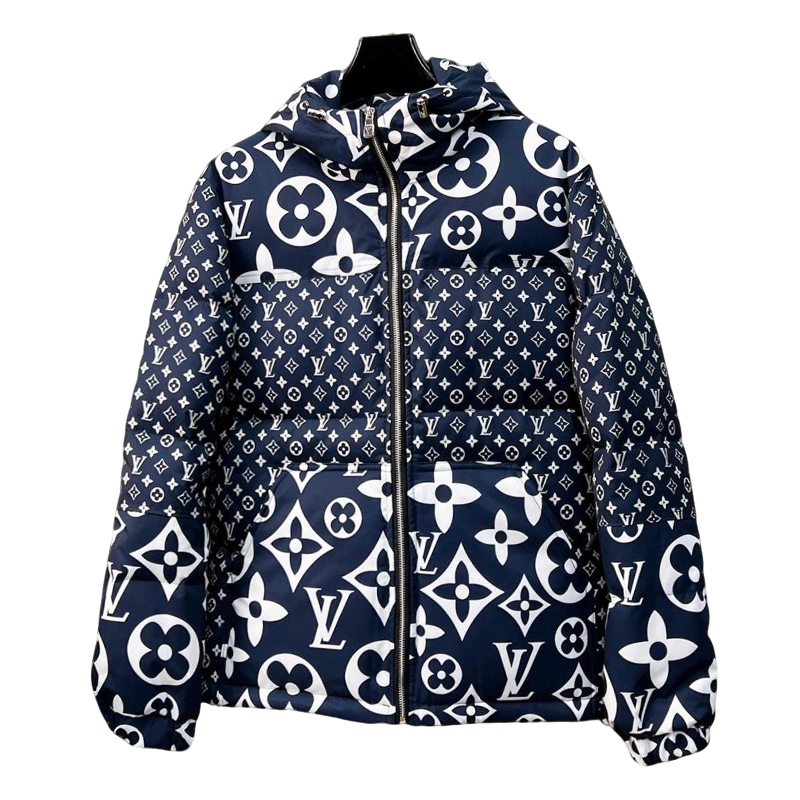 Louis Vuitton Navy Blue Hooded Down Jacket With Monogram Patterns