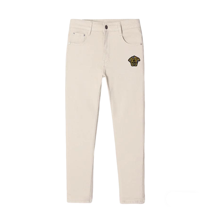 Versace Men's Beige Denim Jeans With Iconic Medusa Embroidery Detail