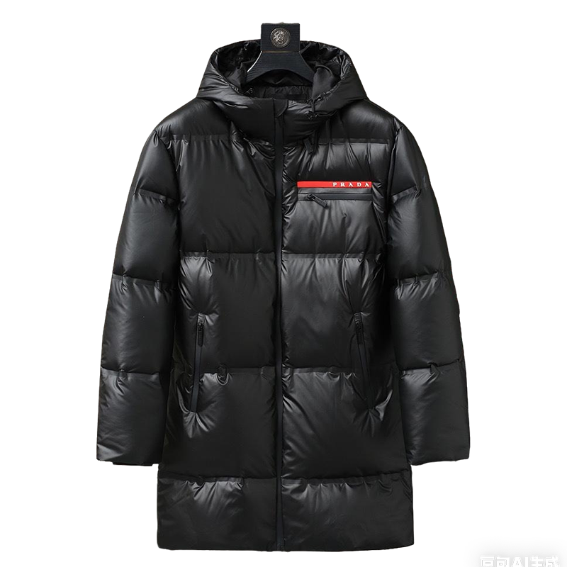 Prada Black Hooded Long Down Jacket With Brand Logo Stripe