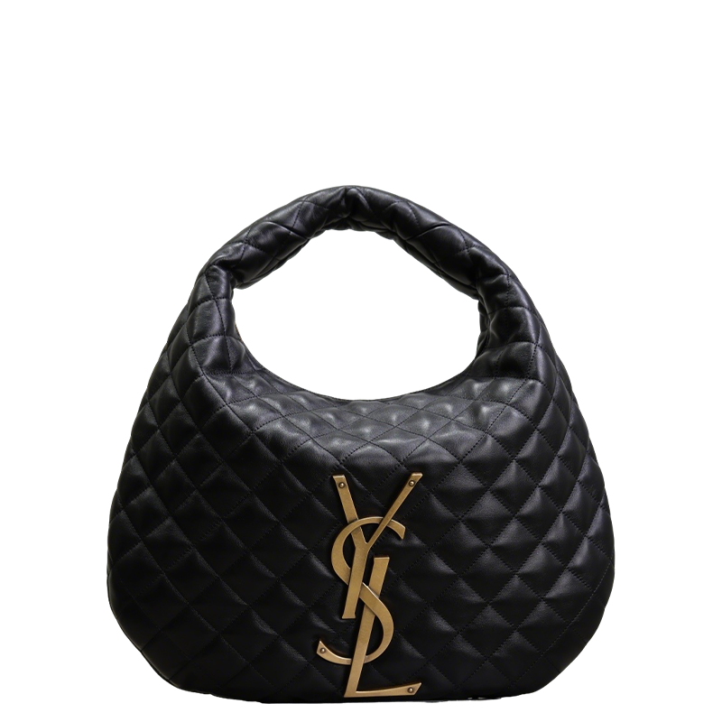 Stylish Black/Brown Quilted YSL Hobo Bag With Gold Logo 698652
