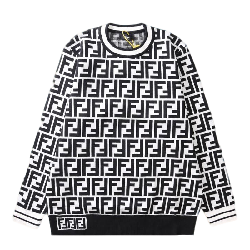 Fendi Black And White FF Pattern Crew Neck Long Sleeve Sweater