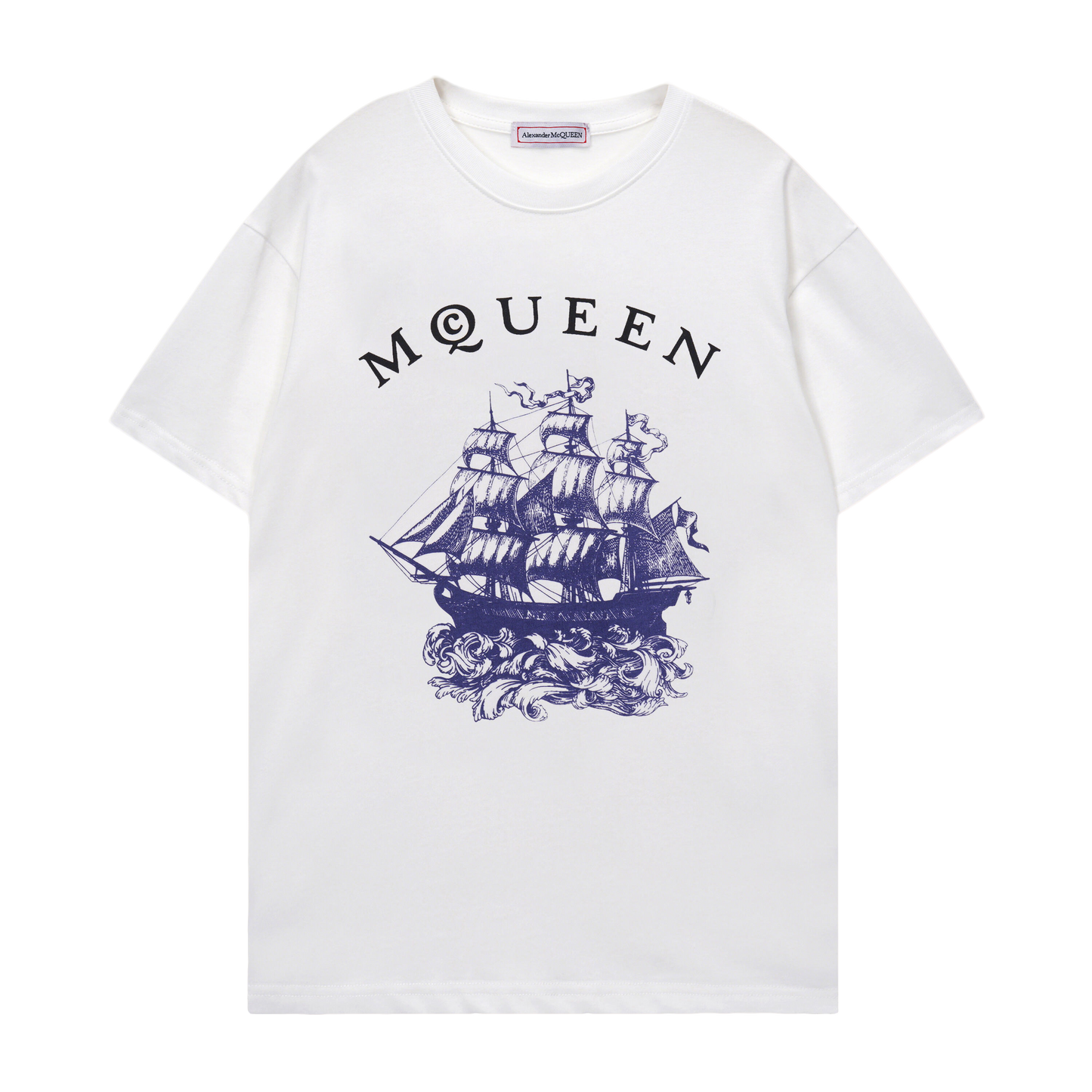 Alexander McQueen White T - Shirt With MQUEEN Lettering And Sailing Ship Graphic