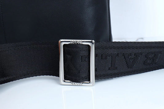 Black Bally Leather Crossbody Bag With Signature White Striped Accent And Adjustable Strap Style No.5855