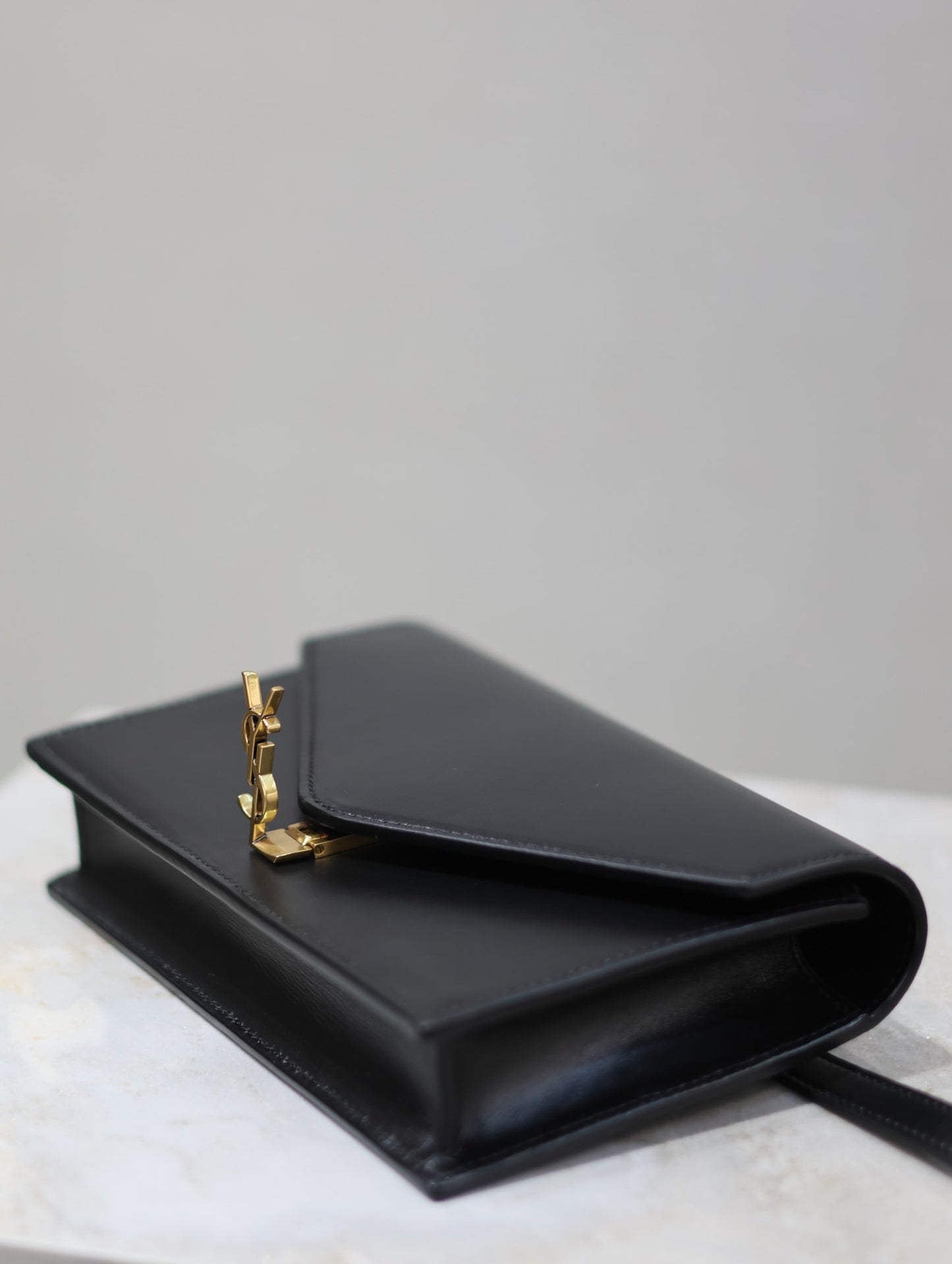 YSL VOLTAIRE Black Leather Envelope Crossbody Bag with Gold Logo 785281