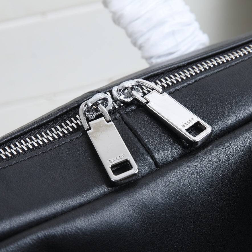 Black Bally Leather Briefcase With Signature Striped Accent And Branded Details For Professional Use Style No.63808
