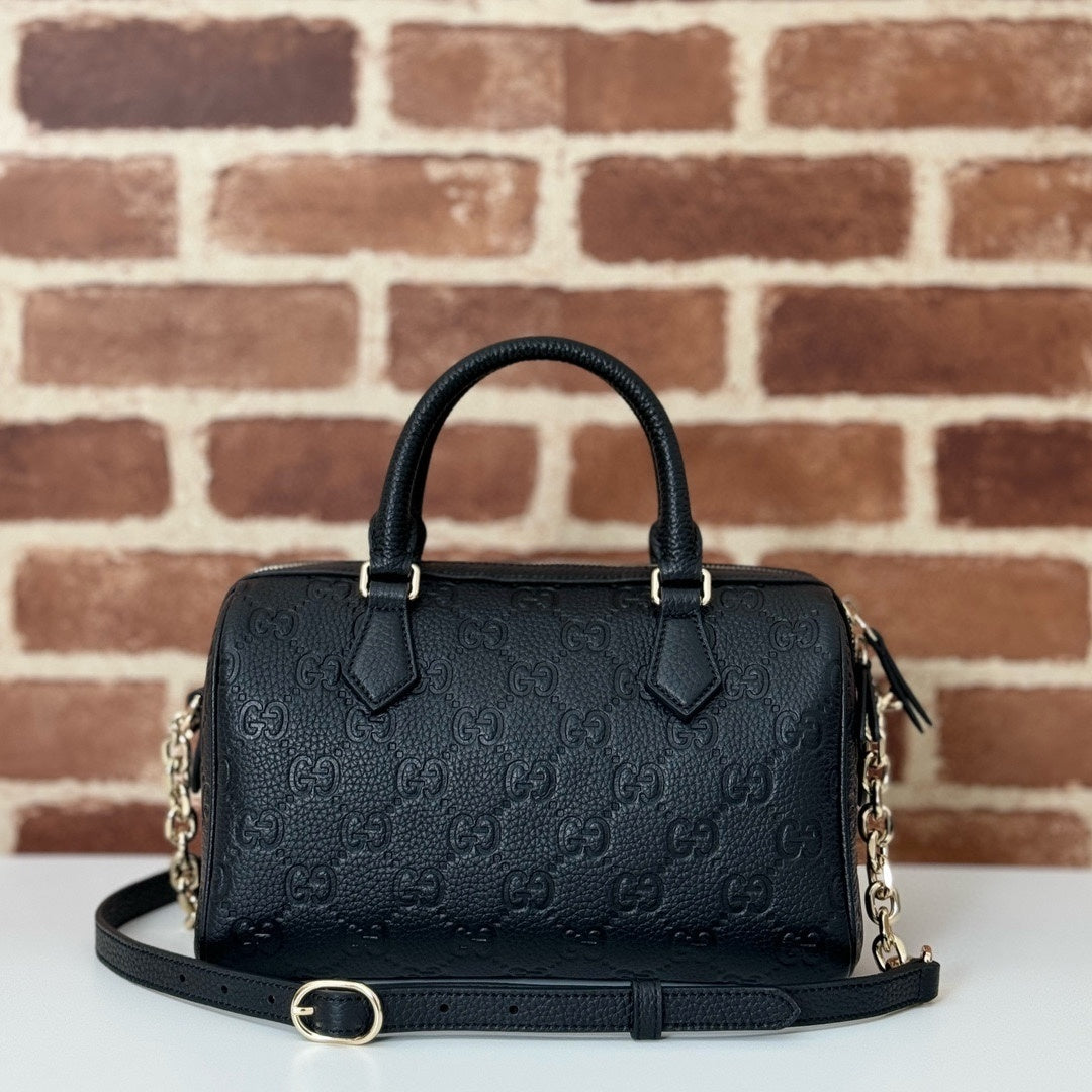 Gucci Black Guccissima Leather Top Handle Bag With Gold Tone Chain Straps 815255