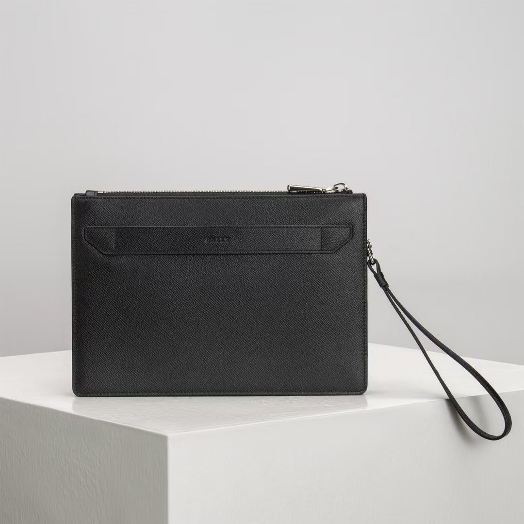 Black Bally Leather Clutch With Signature Striped Accent And Wrist Strap For Sophisticated Style No.1825