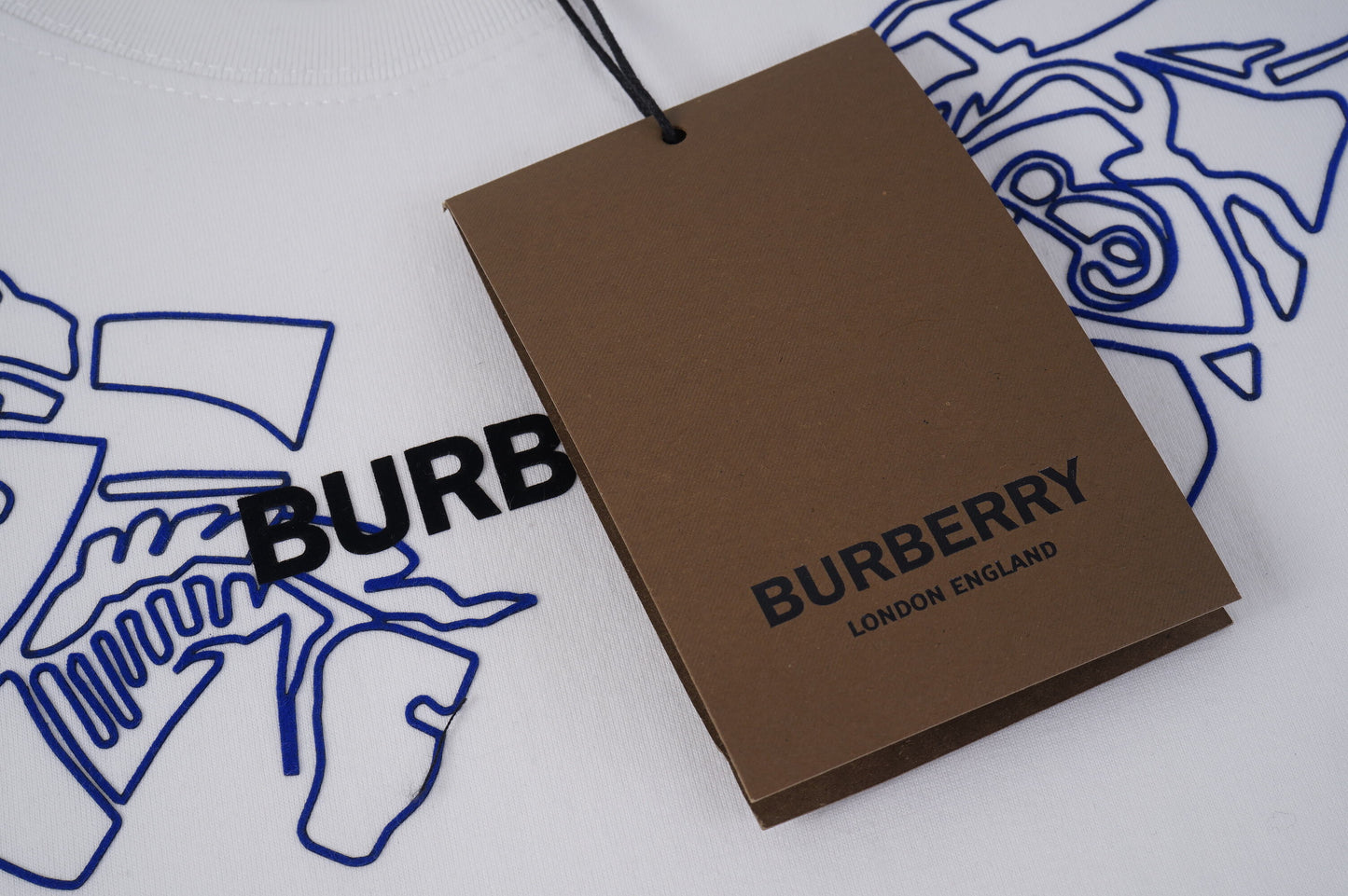 Burberry White/Black/Gray T - Shirt With Blue Equestrian Knight Graphic And Brand Logo