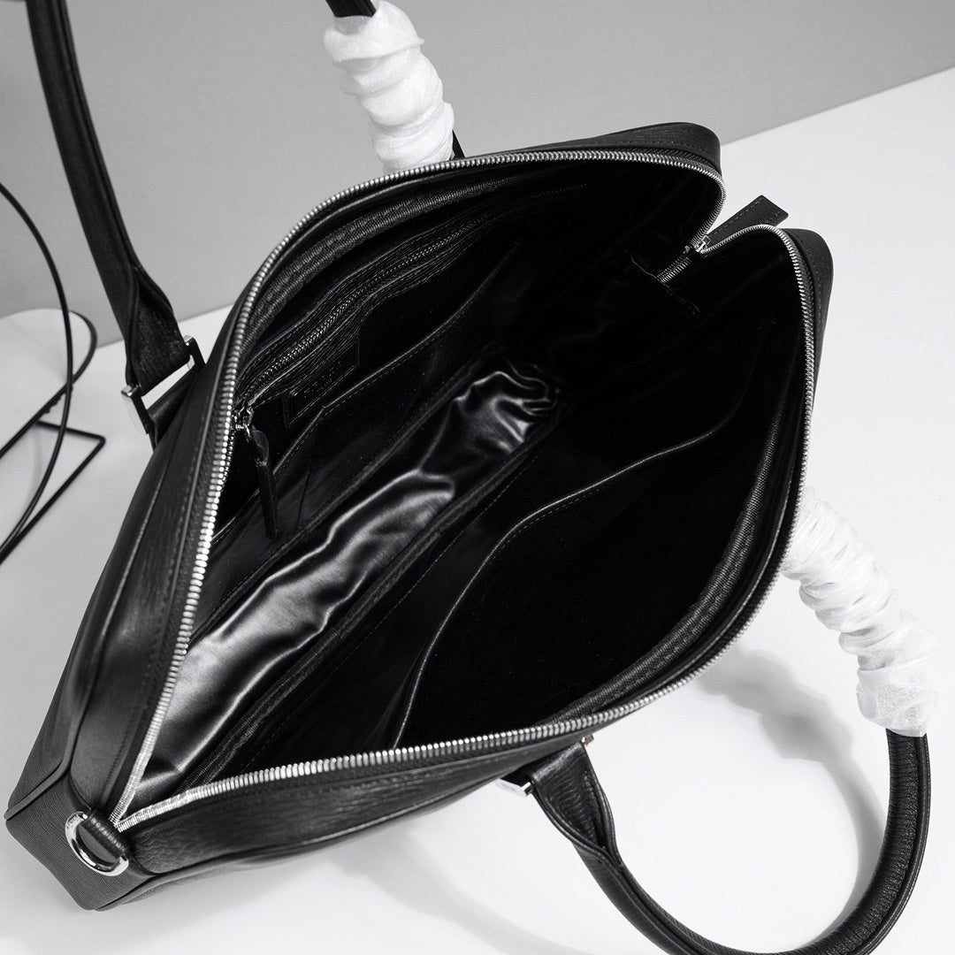 Prada Black Leather Briefcase With Iconic Logo For Professional Style P5183-1