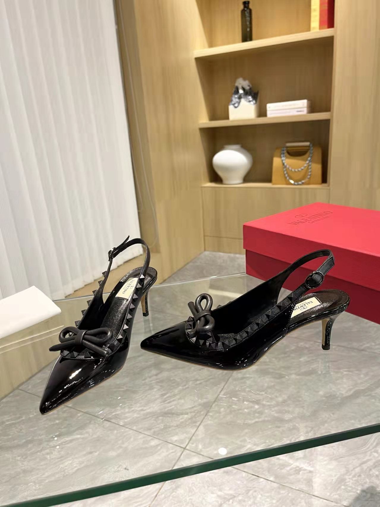 Valentino Women's Rockstud Bow Slingback Pumps Luxury Pointed Toe High Heels