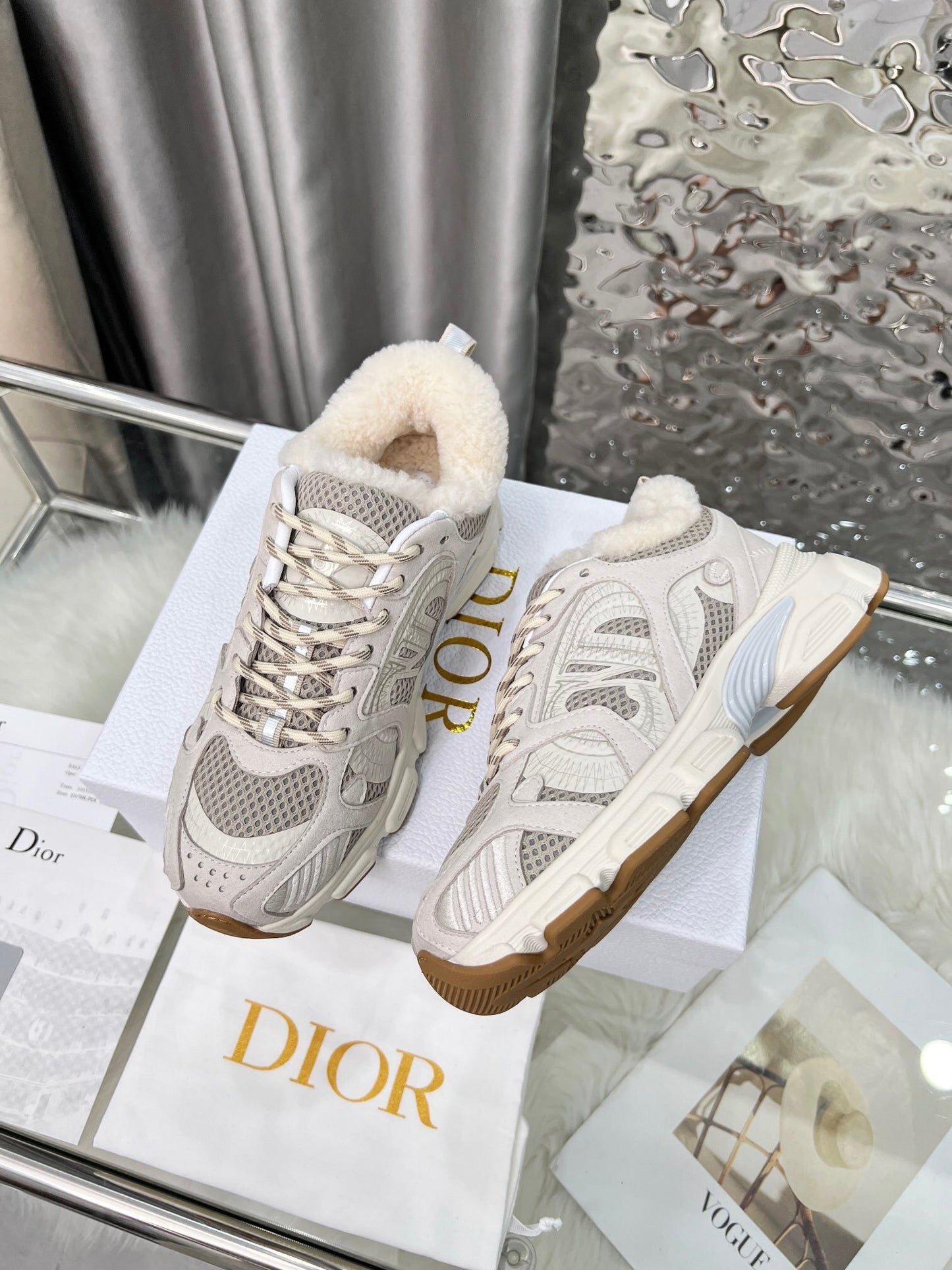 Women's Dior Beige Sneakers With Warm Fleece Lining