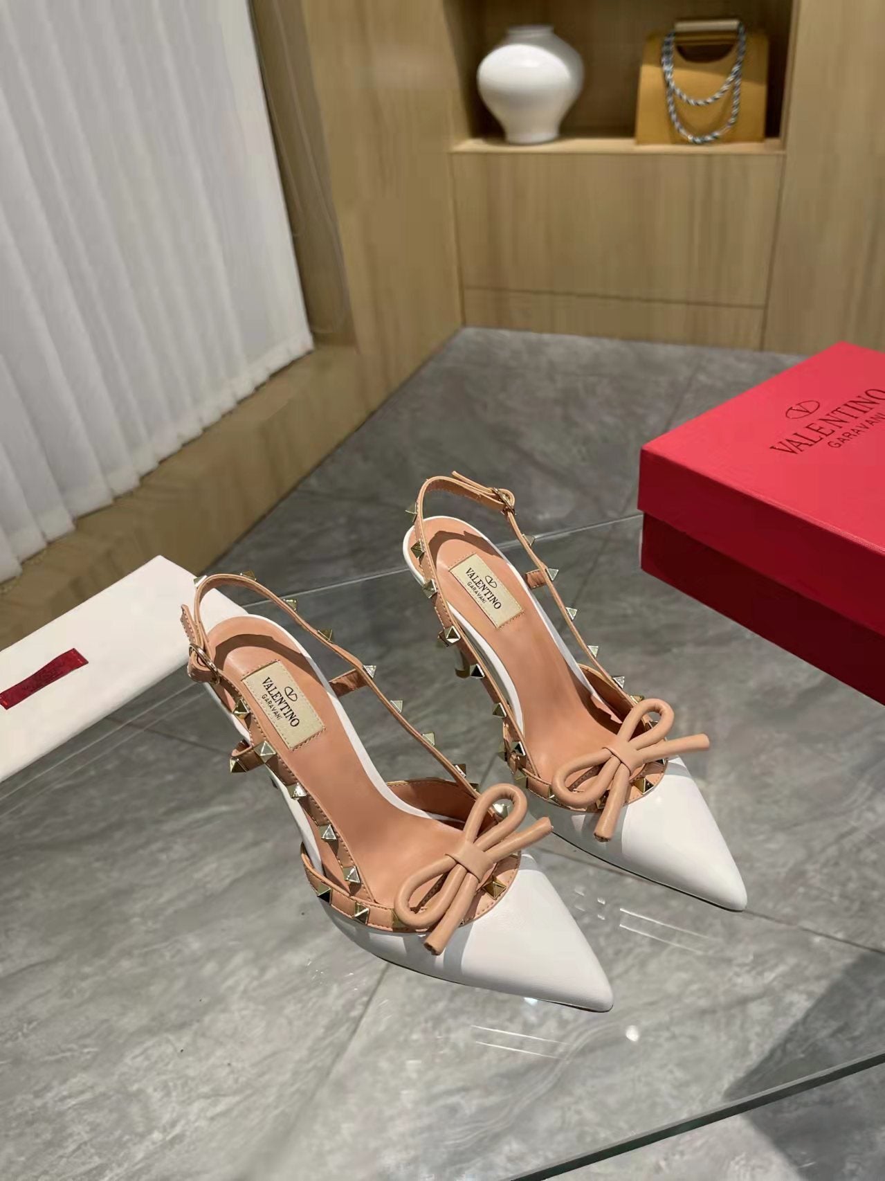 Valentino Women's Rockstud Bow Slingback Pumps Luxury Pointed Toe High Heels
