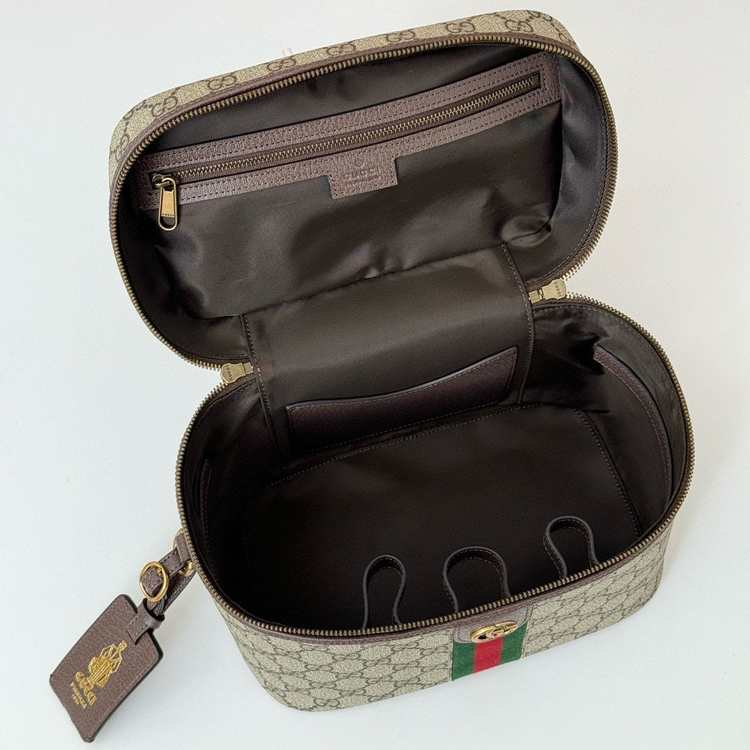 Gucci Beige and Ebony GG Supreme Canvas Top Handle Vanity Case with Web Stripe 811489