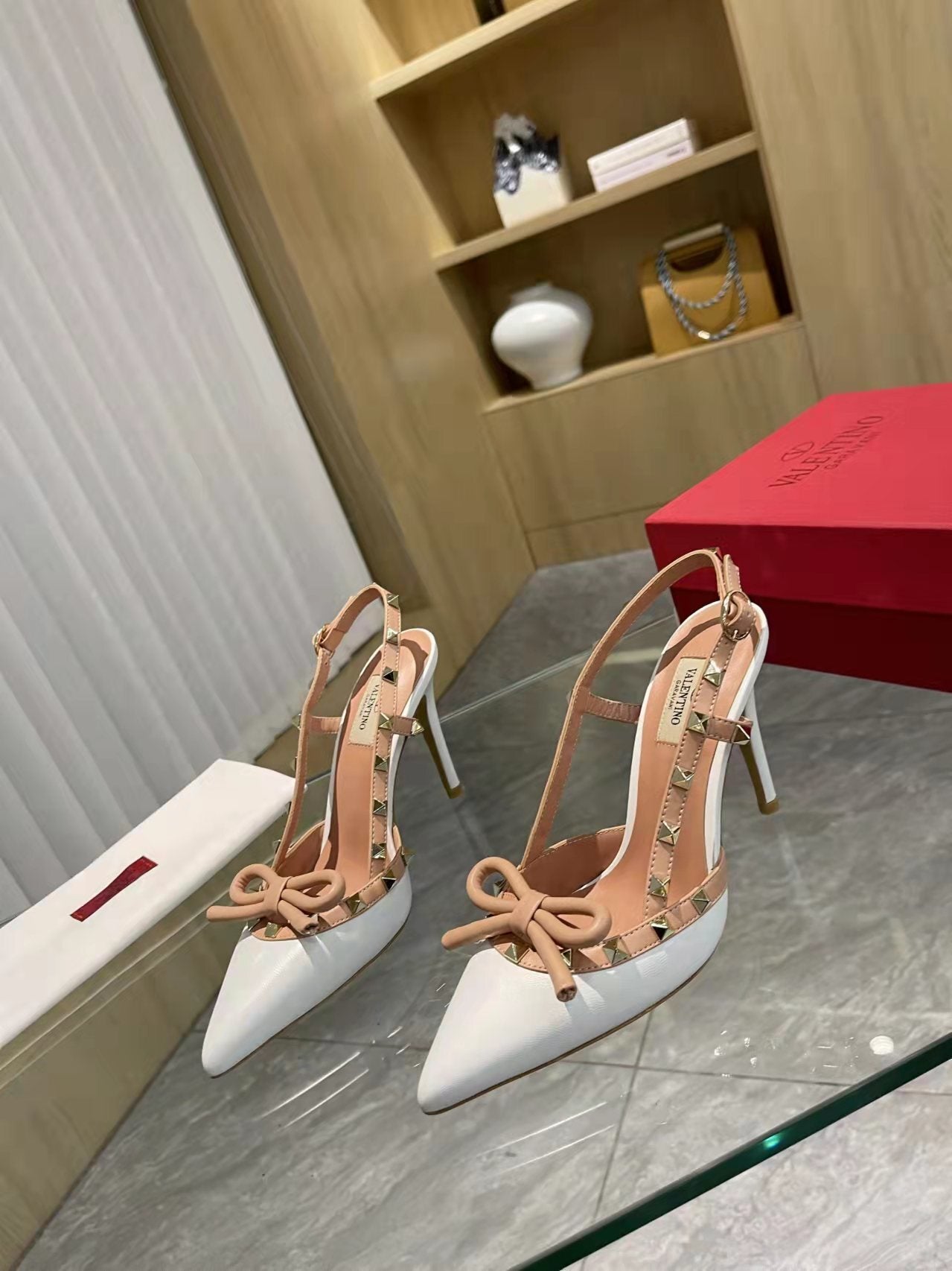 Valentino Women's Rockstud Bow Slingback Pumps Luxury Pointed Toe High Heels