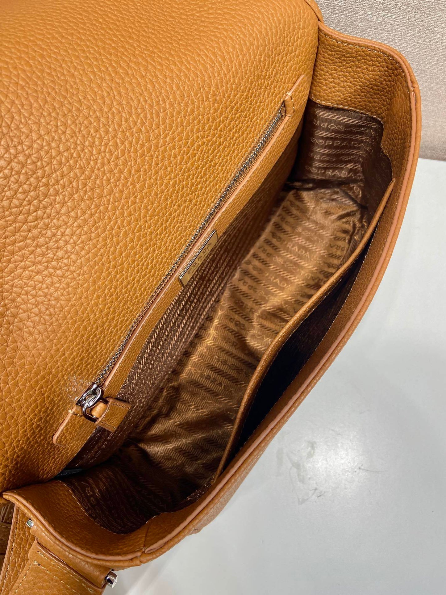 Prada Brown/Black/Gray Grained Leather Crossbody Bag With Signature Logo Plate 2VD075